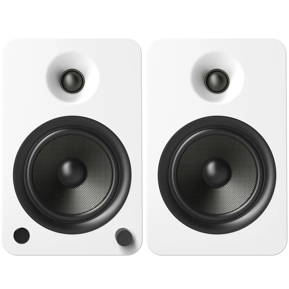 Kanto Audio YU6 wireless speakers in white, showcasing sleek design and speaker grille with control buttons on top.