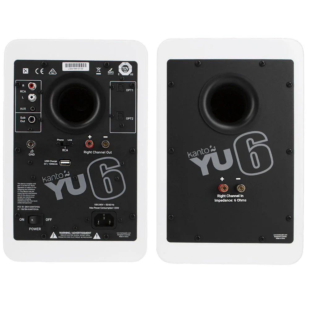 Kanto Audio YU6 wireless speakers in white, showcasing sleek design and controls on the front panel.