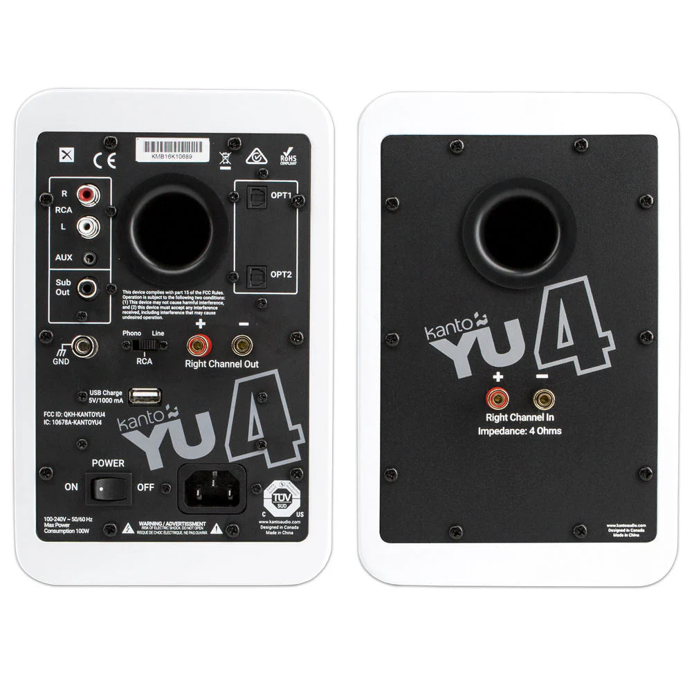 Kanto Audio YU4 wireless speakers in white, showcasing sleek design with front grille and control buttons.