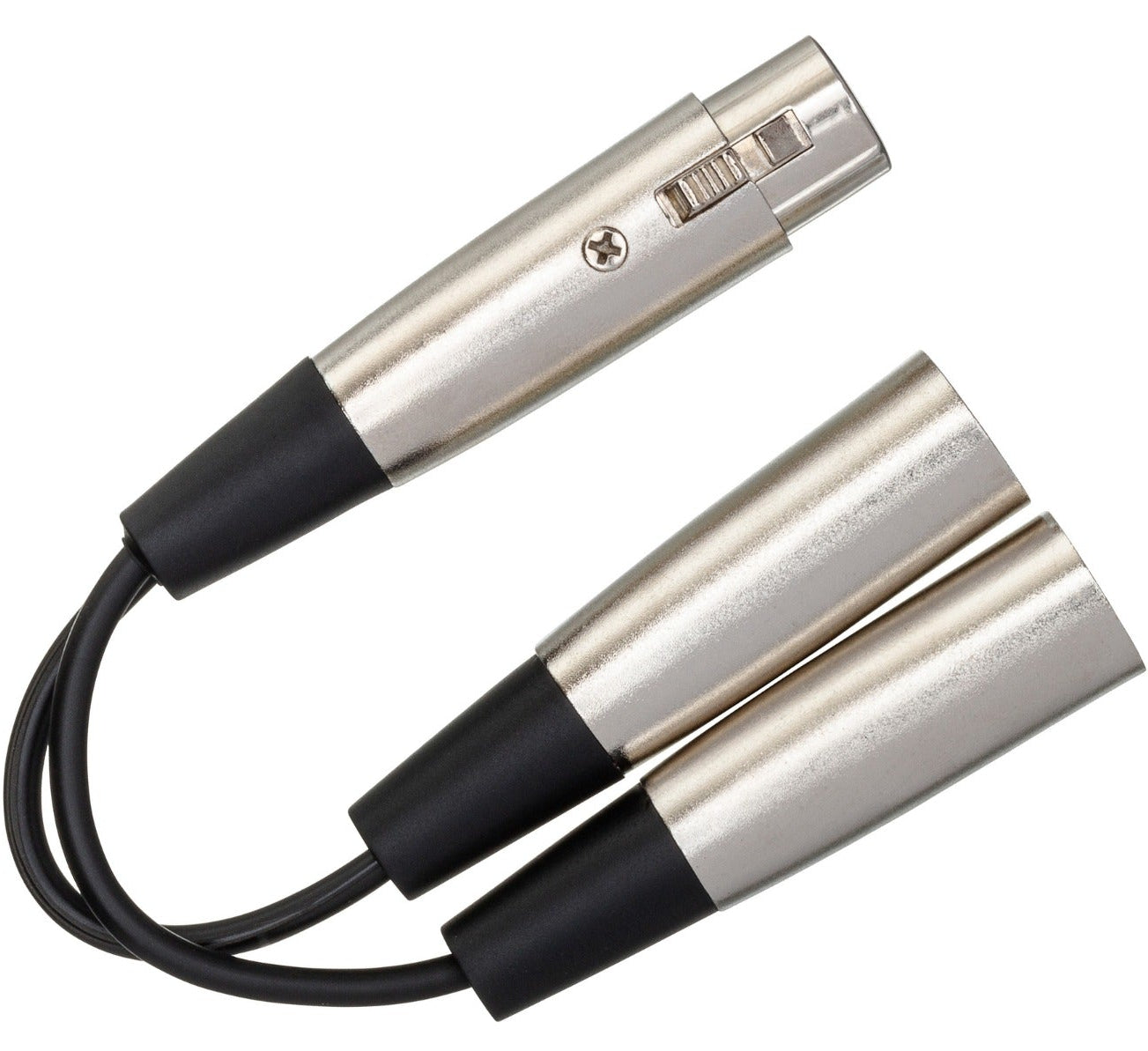 Hosa YXM-121 XLR female to dual XLR male Y-splitter cable, 0.15m, shown at an angle with black connectors and cable