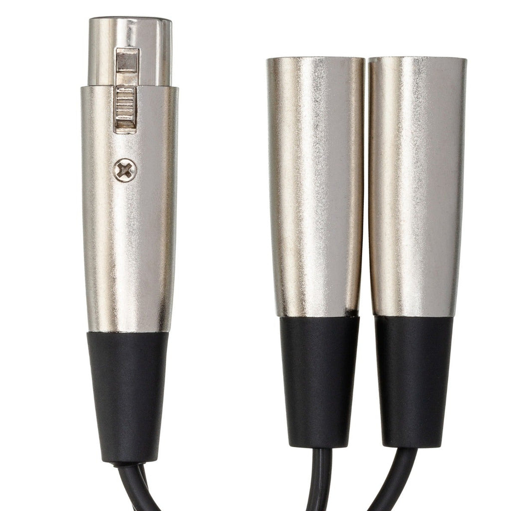 Hosa YXM-121 XLR-female to dual XLR-male Y-splitter cable with connectors visible in the image