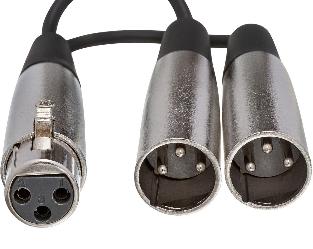 Hosa YXM-121 Y-splitter cable with XLR-Female to dual XLR-Male connections, 0.15m length, shown from the front.
