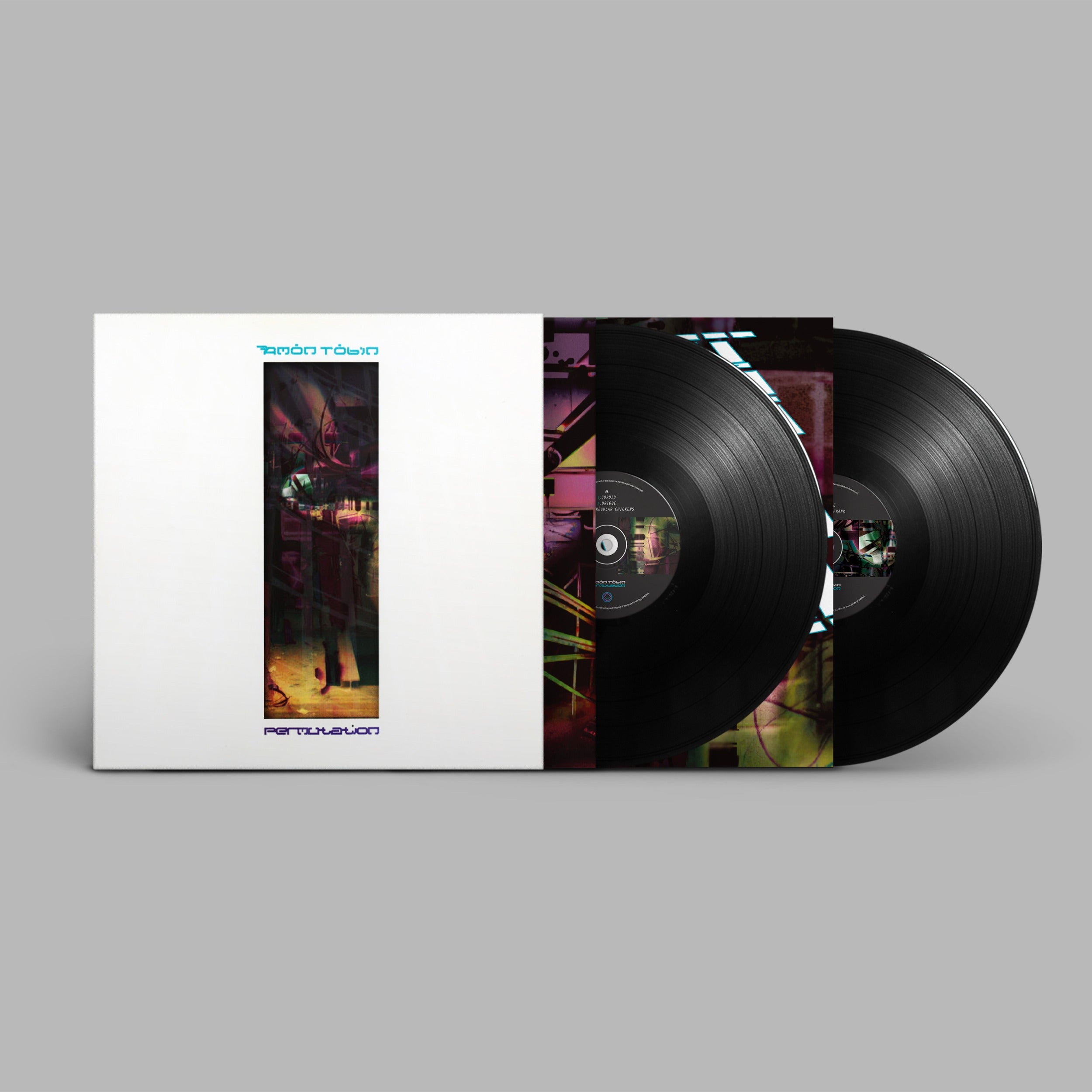 Black vinyl 2LP of Amon Tobin's Permutation 25 Year Anniversary Reissue, electronic music album by Ninja Tune, with colorful artwork.