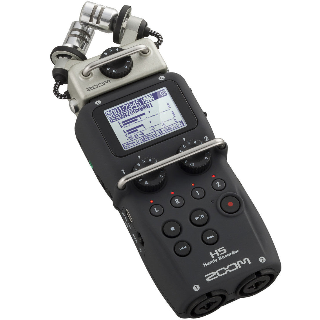 Zoom H5 digital recorder with interchangeable microphone capsules and compact design, ideal for professional audio recording.