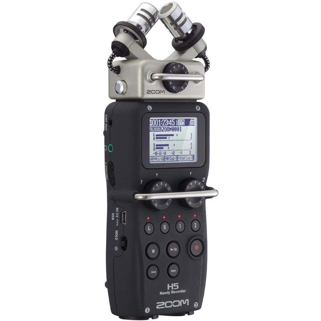Zoom H5 digital recorder with multiple input ports and compact design, ideal for professional audio recording.