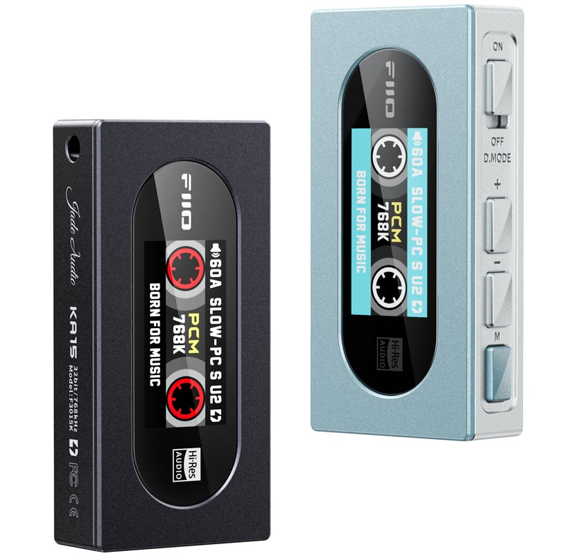 FiiO KA15 headphone amplifier and DAC with sleek black design and control buttons, connecting cables visible.